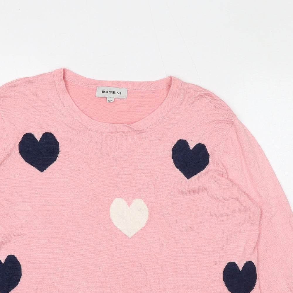 BASSINI Womens Pink Round Neck Geometric Viscose Pullover Jumper Size M - Heart