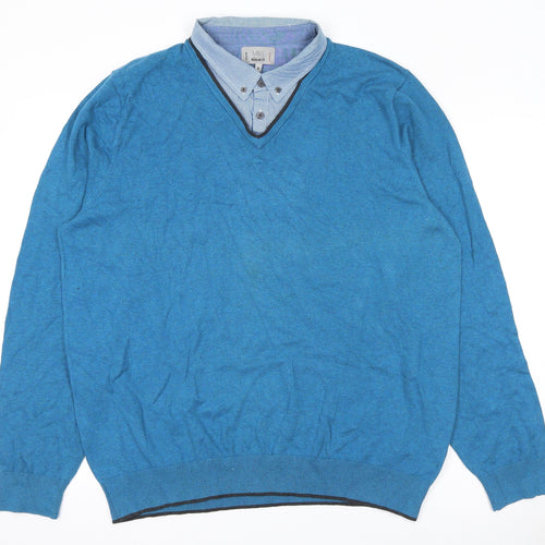 Marks and Spencer Mens Blue Collared Cotton Pullover Jumper Size XL Long Sleeve - Shirt Insert