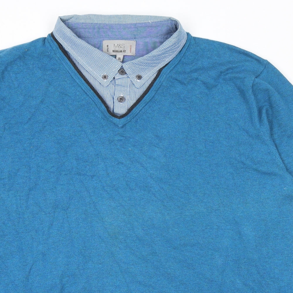 Marks and Spencer Mens Blue Collared Cotton Pullover Jumper Size XL Long Sleeve - Shirt Insert