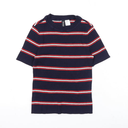 Divided by H&M Womens Blue Striped Viscose Basic T-Shirt Size XS Round Neck