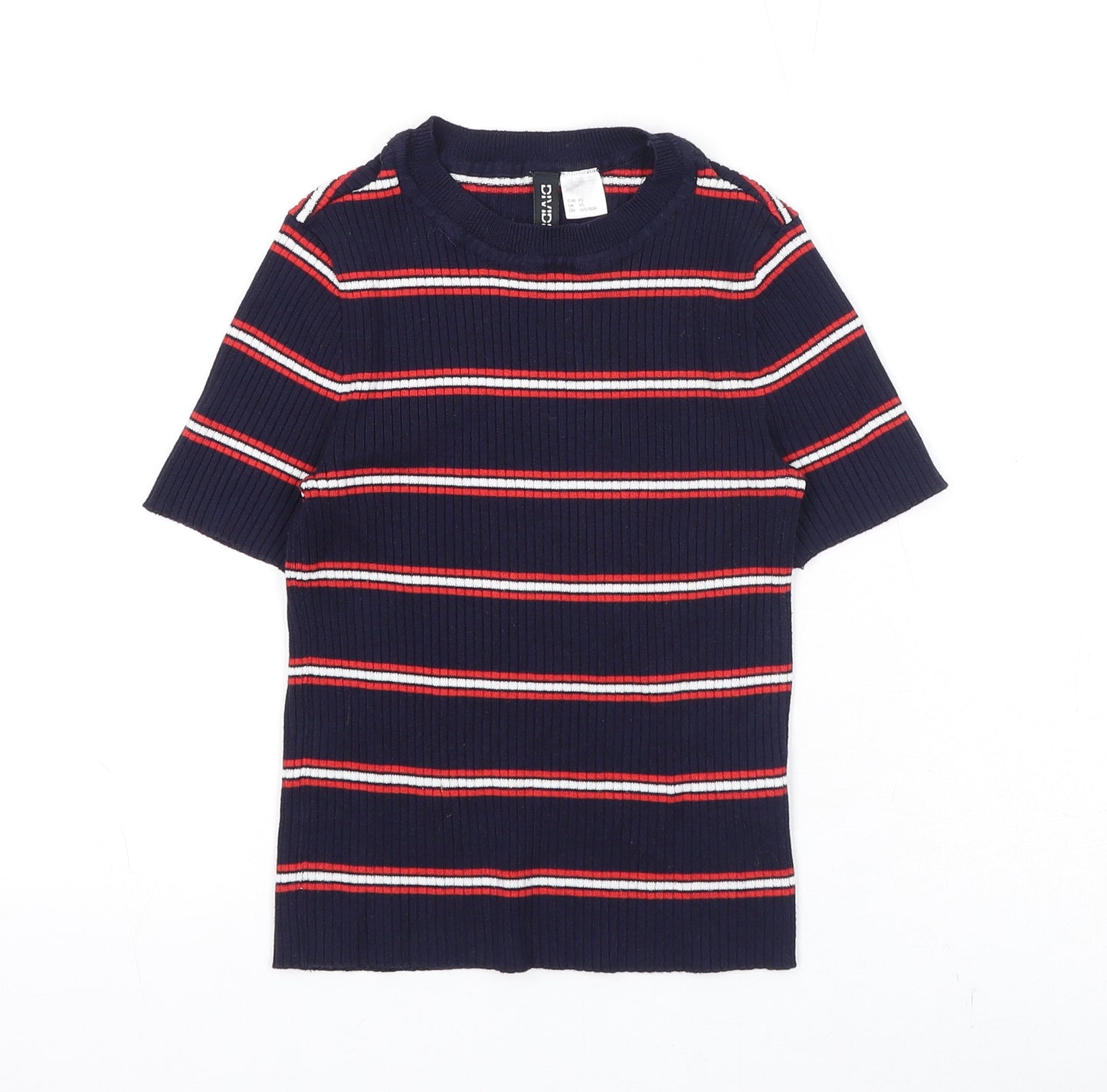 Divided by H&M Womens Blue Striped Viscose Basic T-Shirt Size XS Round Neck