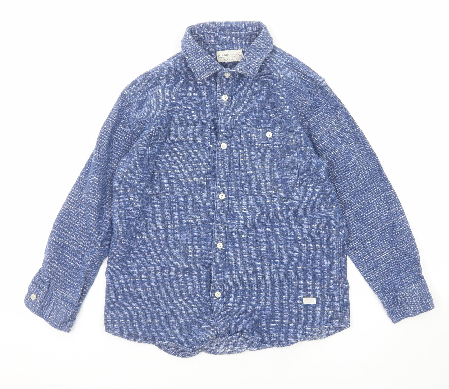 Zara Boys Blue Cotton Basic Button-Up Size 10 Years Collared Button