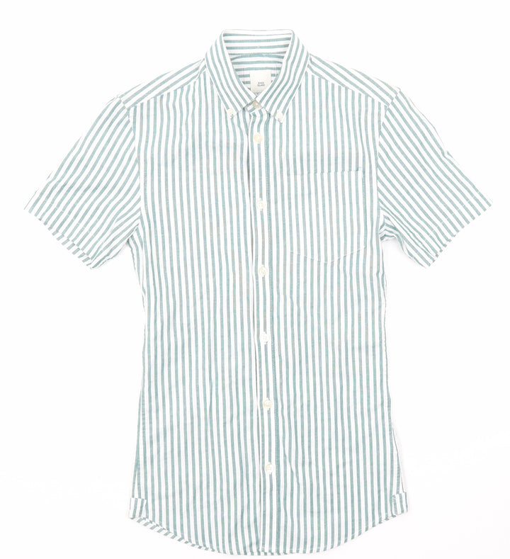River Island Mens Green Striped Cotton Button-Up Size XS Collared Button