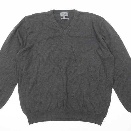 Marks and Spencer Mens Grey V-Neck Cotton Pullover Jumper Size 2XL Long Sleeve