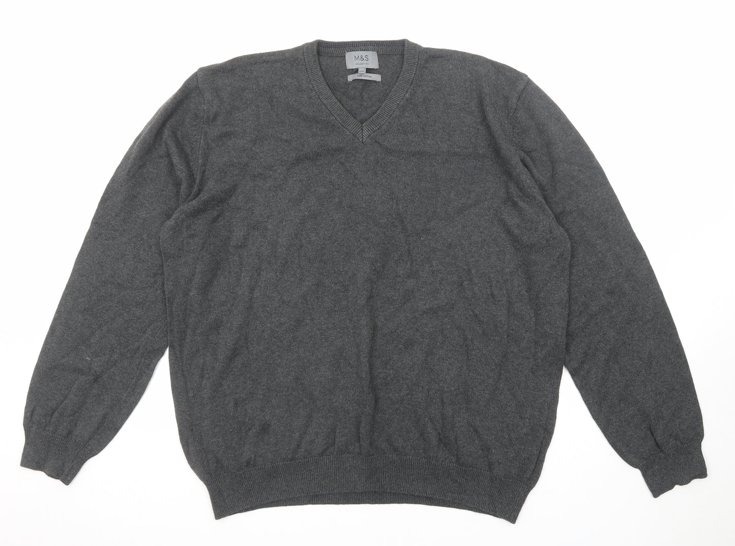 Marks and Spencer Mens Grey V-Neck Cotton Pullover Jumper Size 2XL Long Sleeve