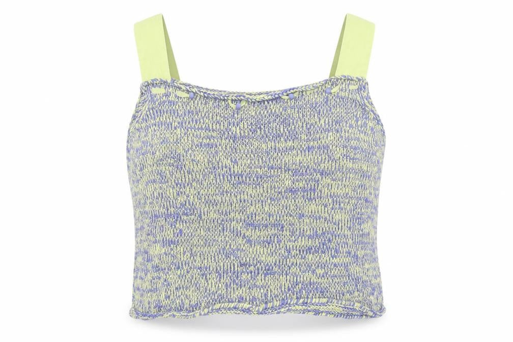 Front view of La Confidence women’s blue geometric cotton basic tank, size XL, square neck