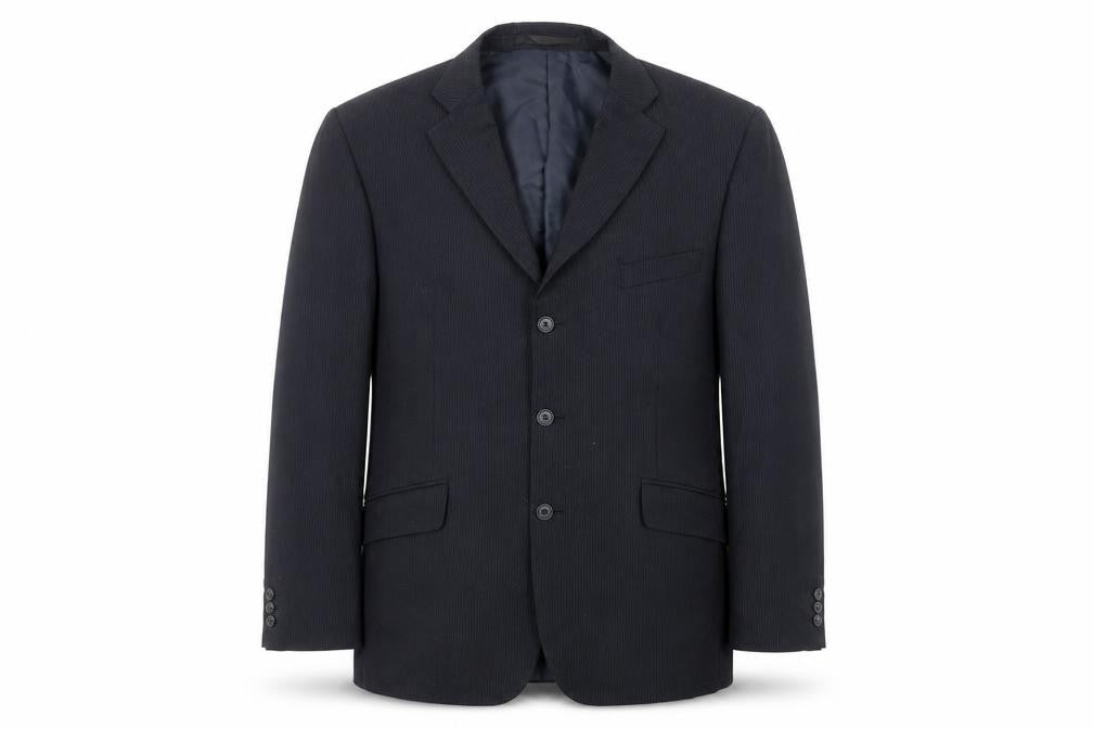 Front view of Marks & Spencer men’s blue striped polyester jacket suit jacket, size 42, regular