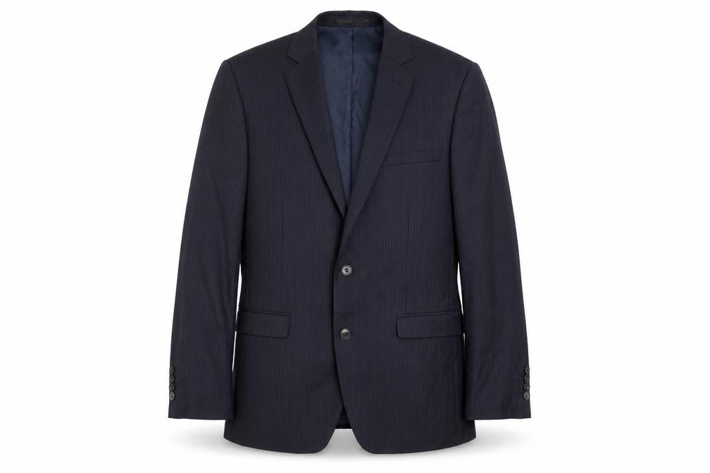 Front view of French Connection men’s black striped wool jacket suit jacket, size 38, regular