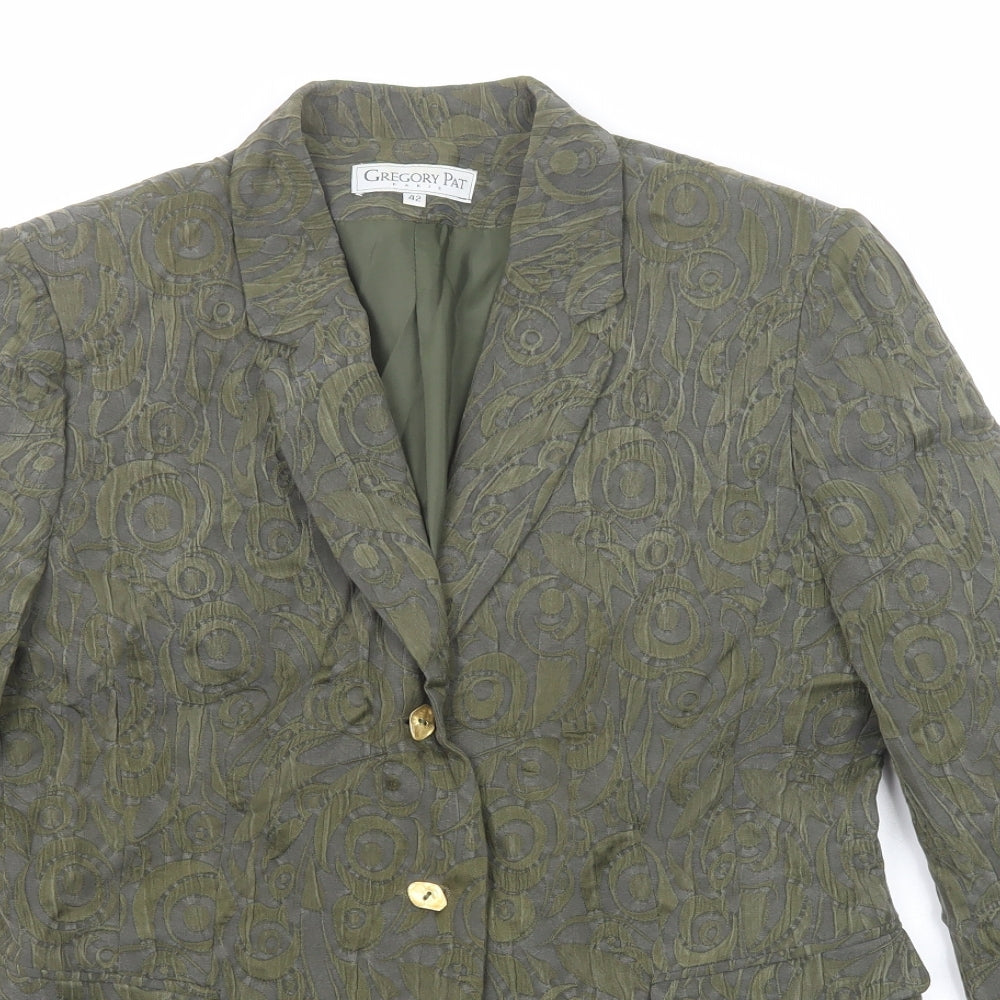 Gregory Pat Womens Green Geometric Jacket Blazer Size 14 Button
