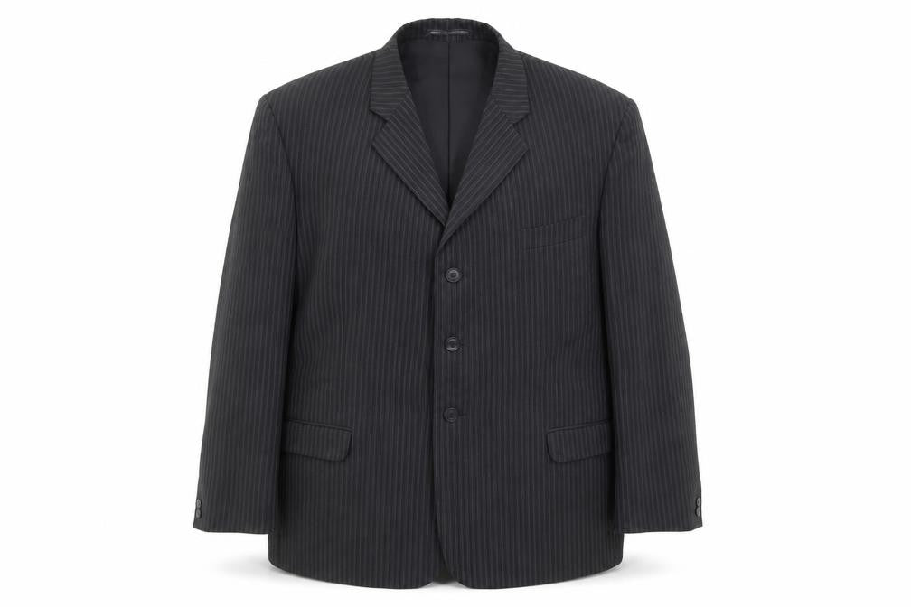 Front view of Emporium men’s grey striped polyester jacket suit jacket, size 46, regular