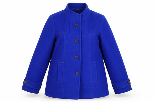 Front view of Wardrobe women’s blue jacket blazer, size UK 14, button