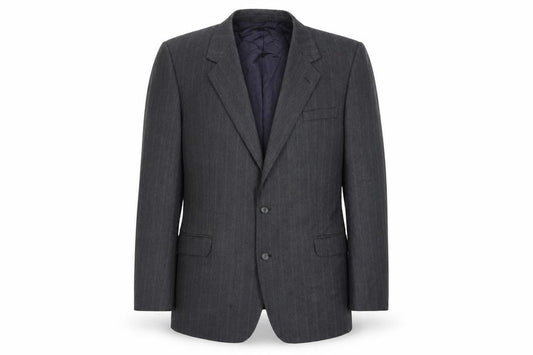 Front view of Burton men’s grey striped polyester jacket suit jacket, size 42, regular