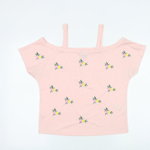 New Look Womens Pink Floral Polyester Basic T-Shirt Size 10 Boat Neck - Cold Shoulder