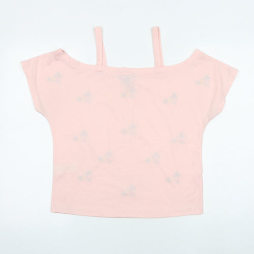 New Look Womens Pink Floral Polyester Basic T-Shirt Size 10 Boat Neck - Cold Shoulder