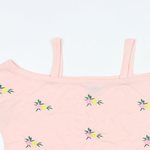 New Look Womens Pink Floral Polyester Basic T-Shirt Size 10 Boat Neck - Cold Shoulder