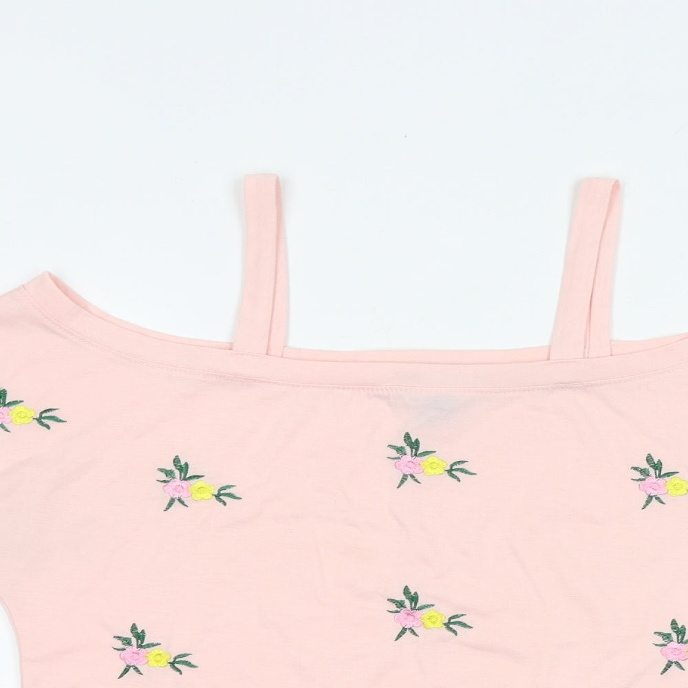 New Look Womens Pink Floral Polyester Basic T-Shirt Size 10 Boat Neck - Cold Shoulder