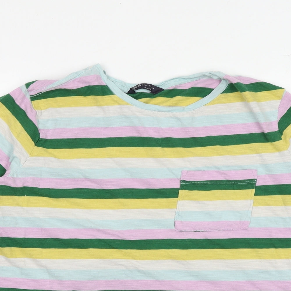 Marks and Spencer Womens Multicoloured Striped 100% Cotton Basic T-Shirt Size 12 Round Neck