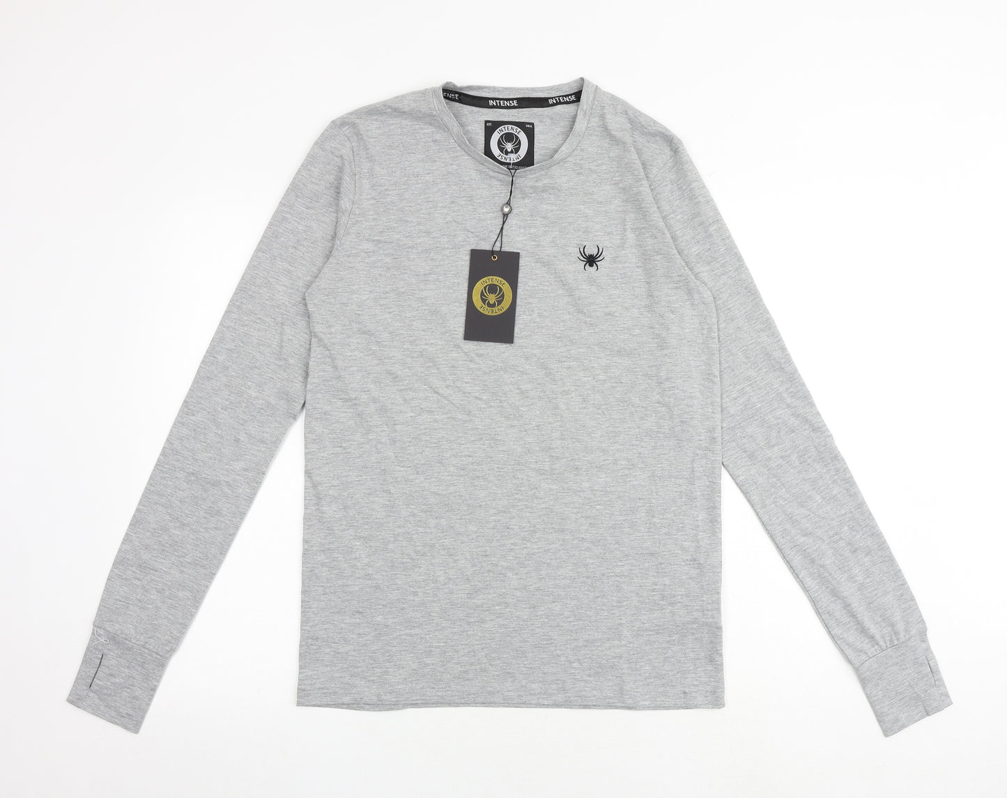 INTENSE Mens Grey Cotton T-Shirt Size S Round Neck - Embroided spider on front