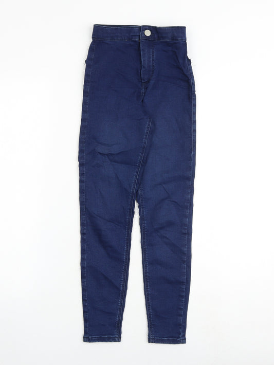 Front view of Topshop women’s blue cotton skinny jeans, size UK 24, in, 28-inch leg regular zip