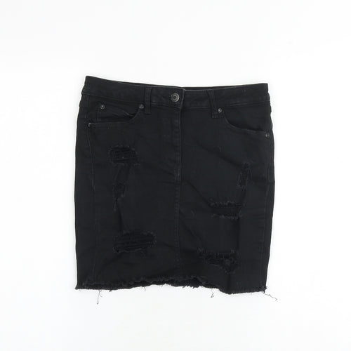 New Look Womens Black Cotton A-Line Skirt Size 8 Zip - Distressed look