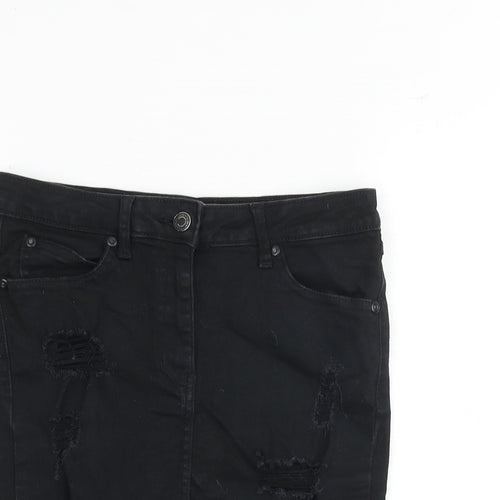 New Look Womens Black Cotton A-Line Skirt Size 8 Zip - Distressed look