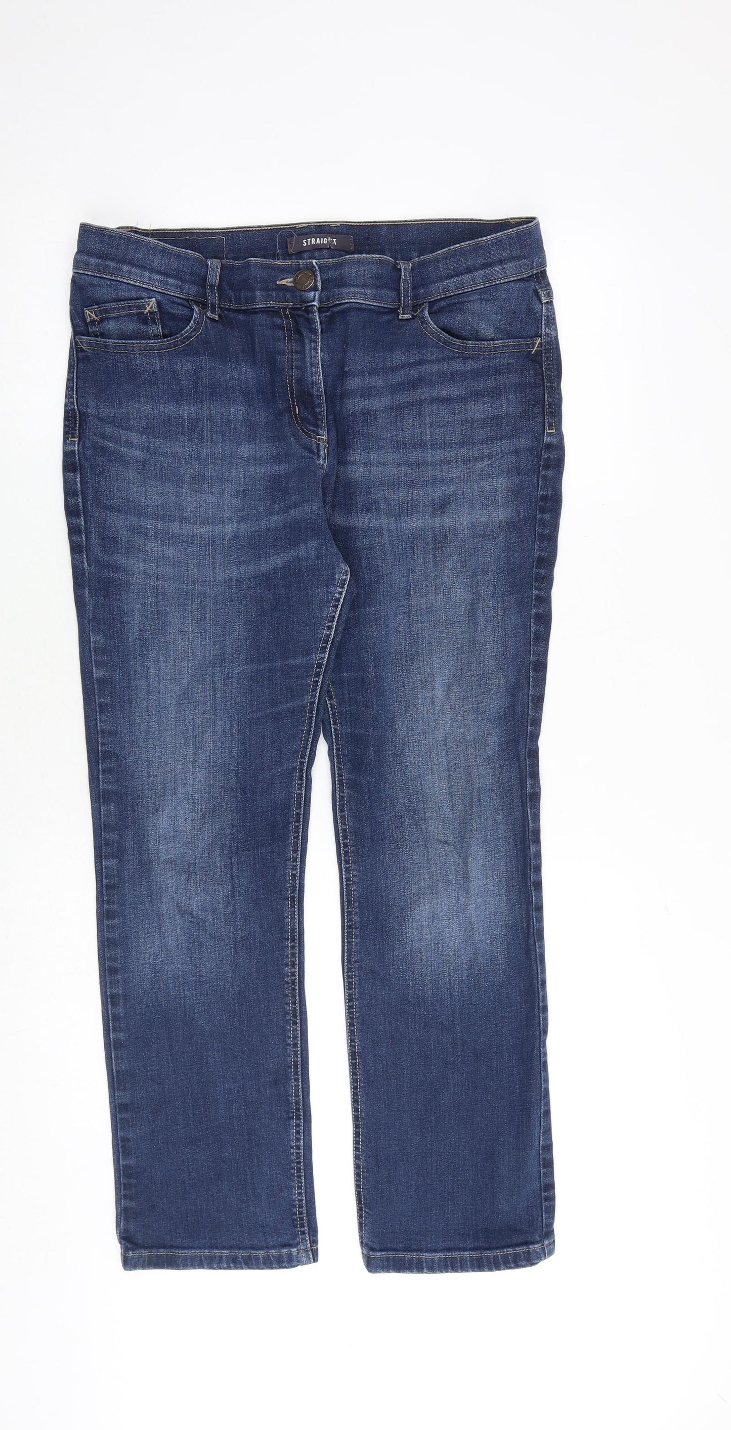 Marks and Spencer Womens Blue Cotton Straight Jeans Size 14 Regular Zip
