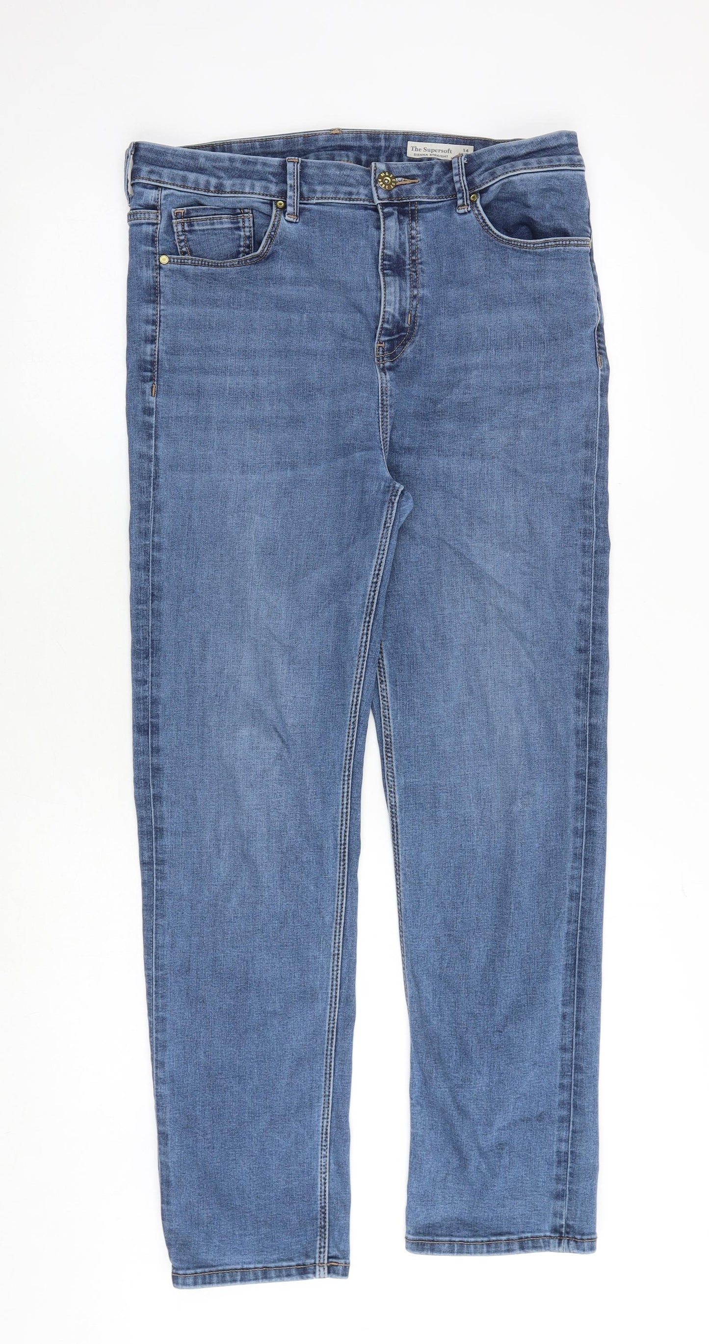 Marks and Spencer Womens Blue Cotton Straight Jeans Size 14 Regular Zip