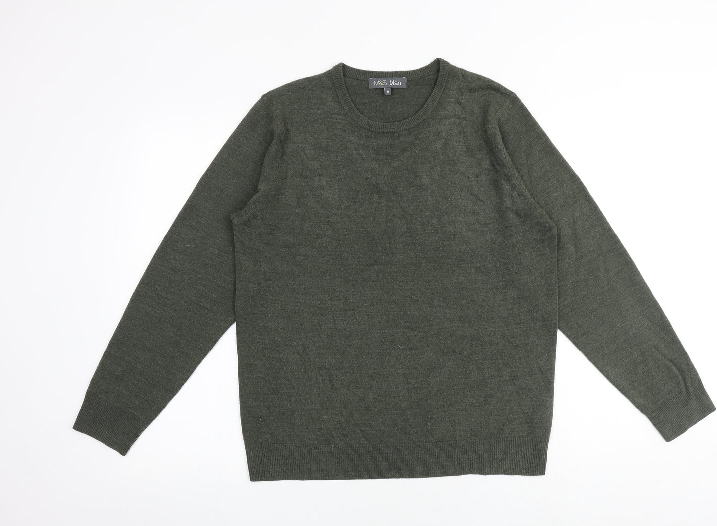 Marks and Spencer Mens Green Crew Neck Acrylic Pullover Jumper Size M Long Sleeve