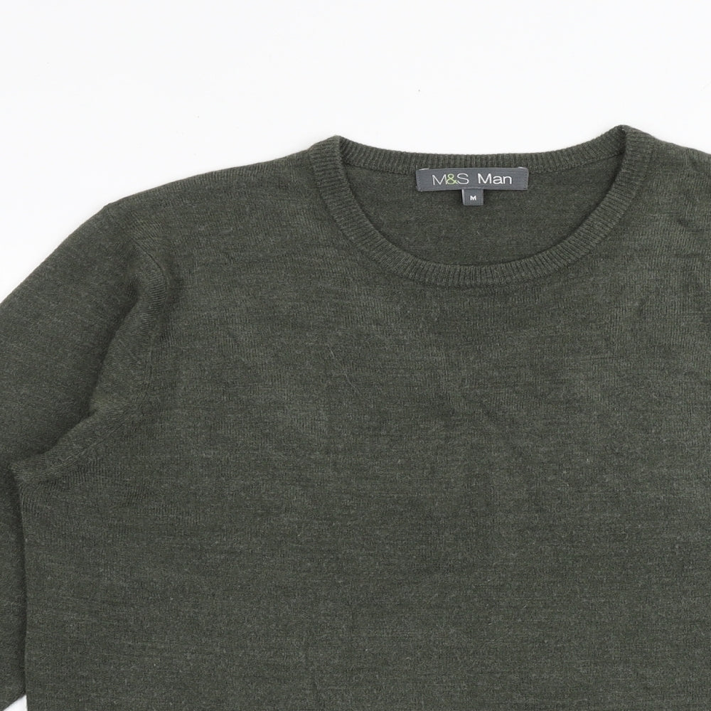 Marks and Spencer Mens Green Crew Neck Acrylic Pullover Jumper Size M Long Sleeve