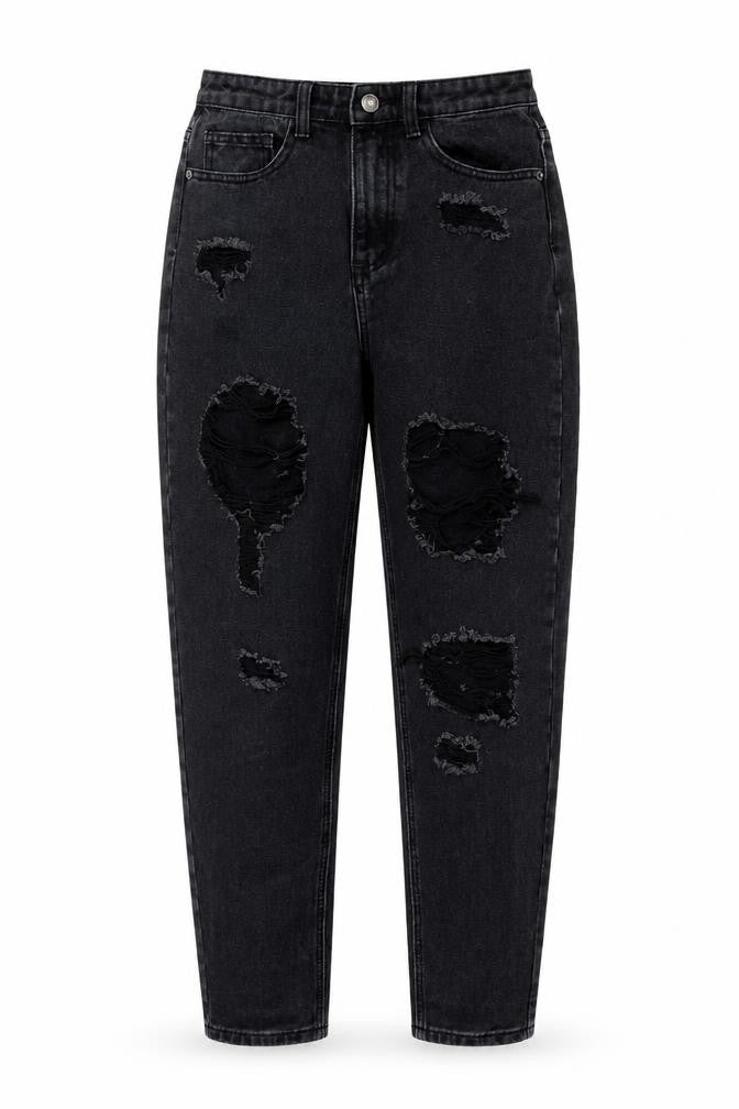 Front view of PRETTYLITTLETHING women’s black cotton mom jeans, size UK 8, regular zip
