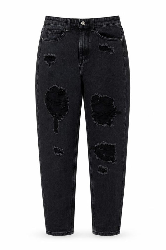 Front view of PRETTYLITTLETHING women’s black cotton mom jeans, size UK 8, regular zip