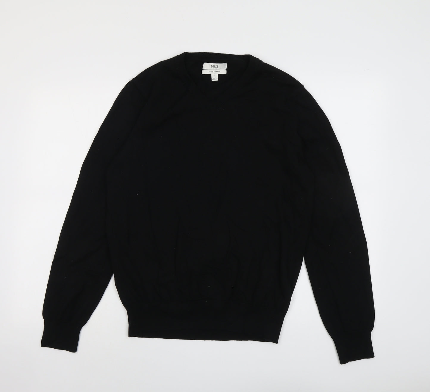Marks and Spencer Mens Black Round Neck Cotton Pullover Jumper Size M Long Sleeve