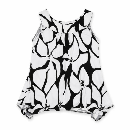 Front view of Saloos women’s white floral polyester basic tank, size M, round neck