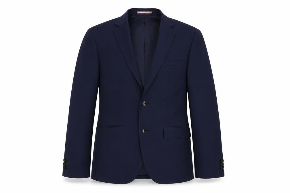 Front view of Moss London men’s blue polyester jacket suit jacket, size 36, regular