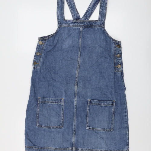 Fat Face Womens Blue Cotton Pinafore/Dungaree Dress Size 10 Square Neck Button