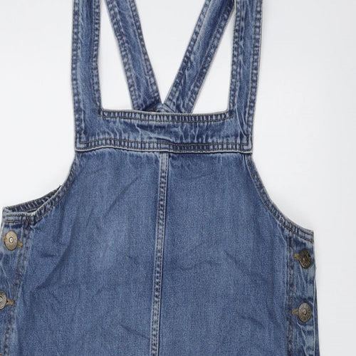 Fat Face Womens Blue Cotton Pinafore/Dungaree Dress Size 10 Square Neck Button