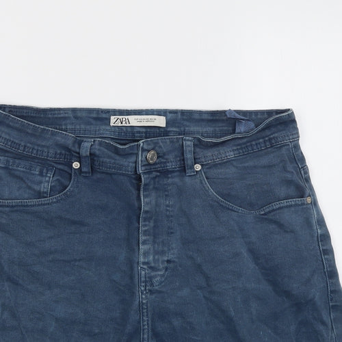 Zara Mens Blue Cotton Chino Shorts Size 34 in L9 in Regular Button