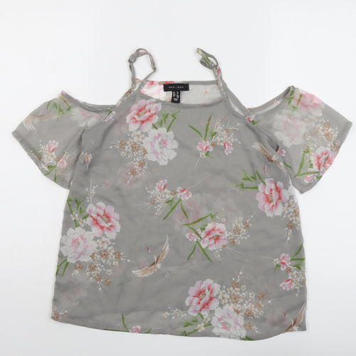 New Look Womens Grey Floral Polyester Basic Blouse Size 10 Square Neck - Cold Shoulder