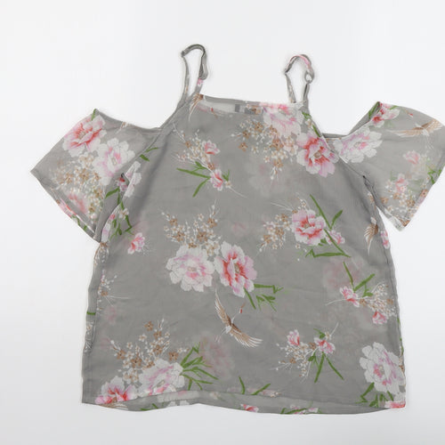 New Look Womens Grey Floral Polyester Basic Blouse Size 10 Square Neck - Cold Shoulder
