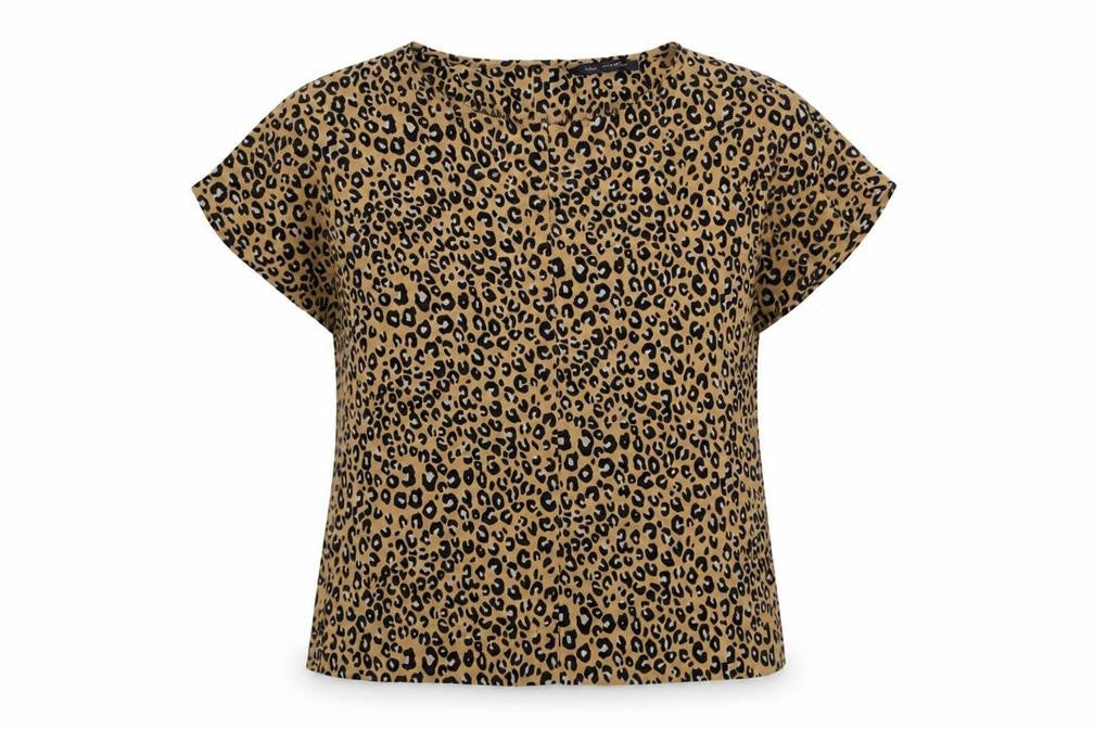Front view of Marks & Spencer women’s brown animal print polyester basic blouse, size UK 6, boat neck - leopard print