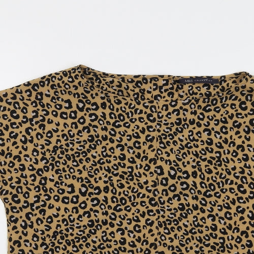Marks and Spencer Womens Brown Animal Print Polyester Basic Blouse Size 6 Boat Neck - Leopard Print