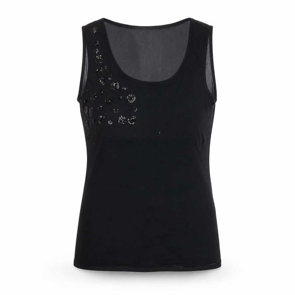 Front view of Marks & Spencer women’s black polyester basic tank, size UK 6, scoop neck