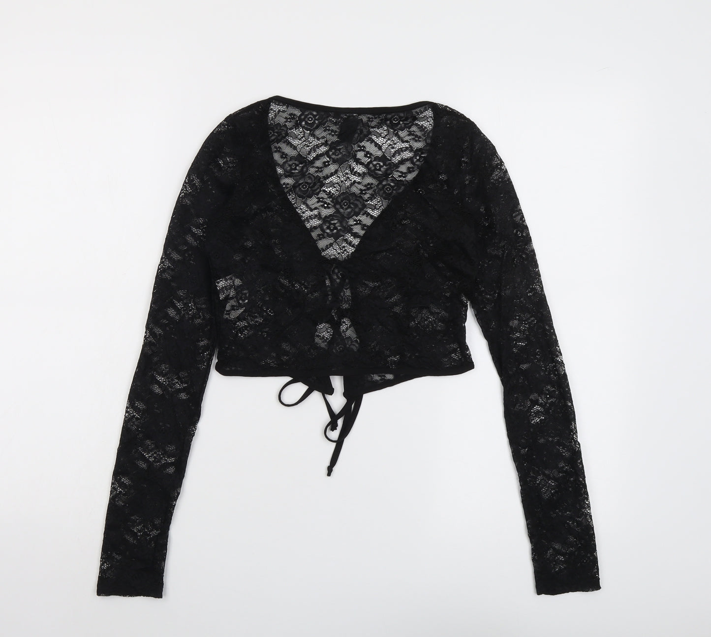 PRETTYLITTLETHING Womens Black Polyester Cropped Blouse Size 10 V-Neck