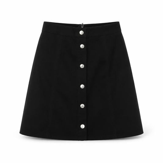 Front view of H&M women’s black polyester a-line skirt, size UK 6, zip