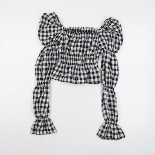H&M Womens Black Check Polyester Cropped Blouse Size 2XS Square Neck - Puff Sleeve