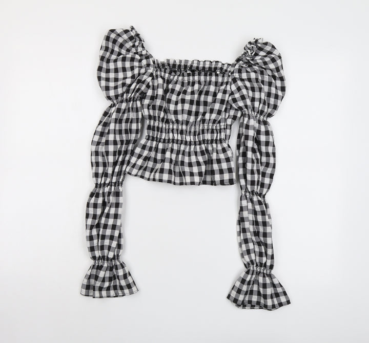 H&M Womens Black Check Polyester Cropped Blouse Size 2XS Square Neck - Puff Sleeve