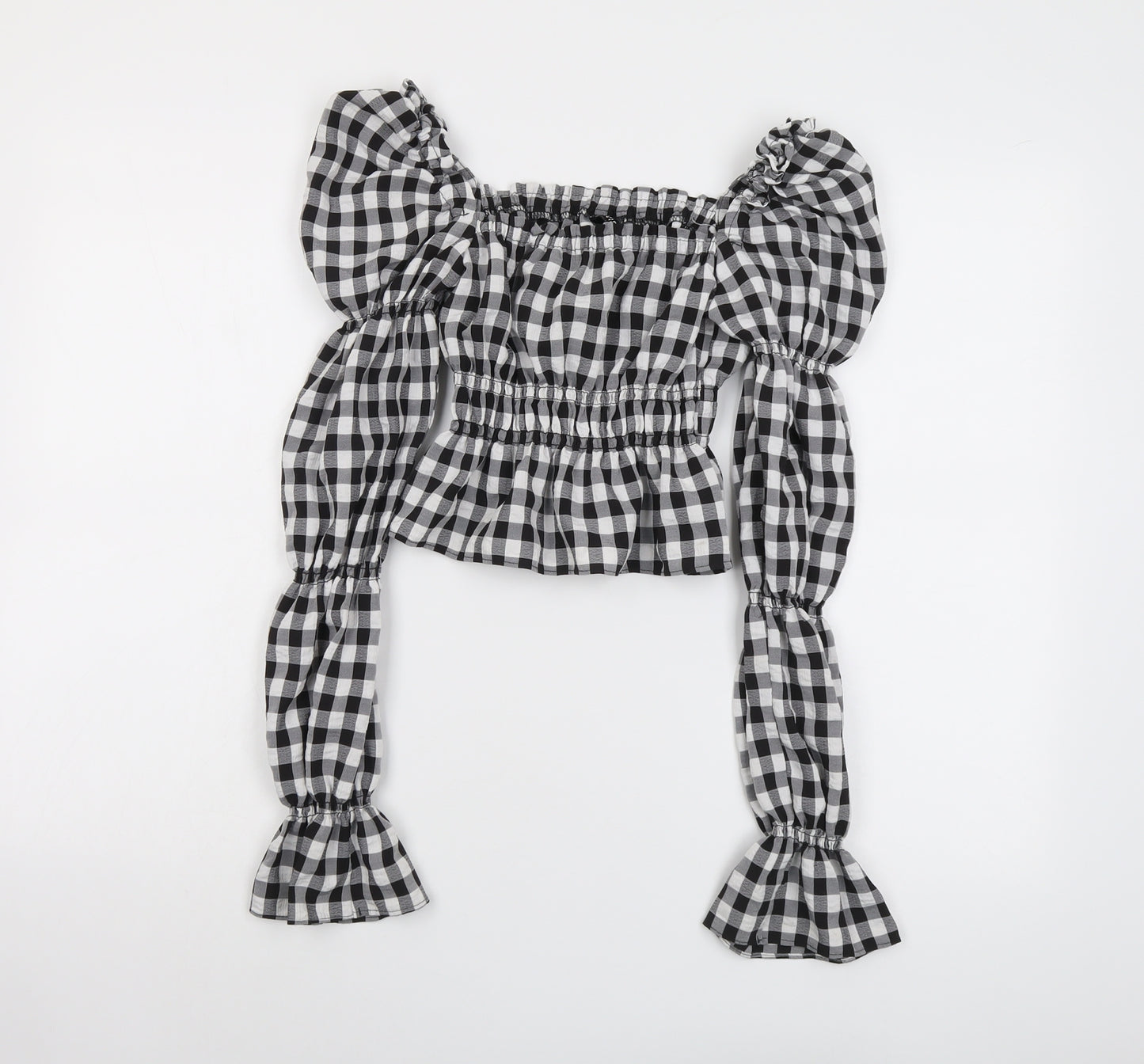 H&M Womens Black Check Polyester Cropped Blouse Size 2XS Square Neck - Puff Sleeve