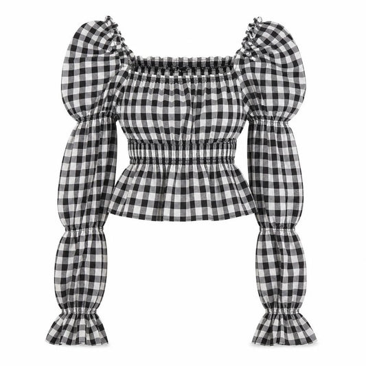 Front view of H&M women’s black check polyester cropped blouse size 2xs square neck - puff sleeve