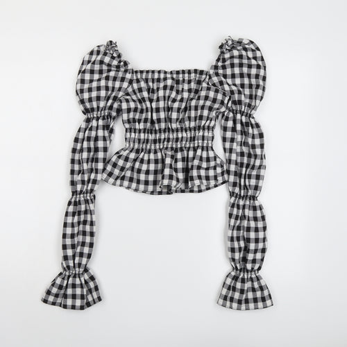 H&M Womens Black Check Polyester Cropped Blouse Size 2XS Square Neck - Puff Sleeve