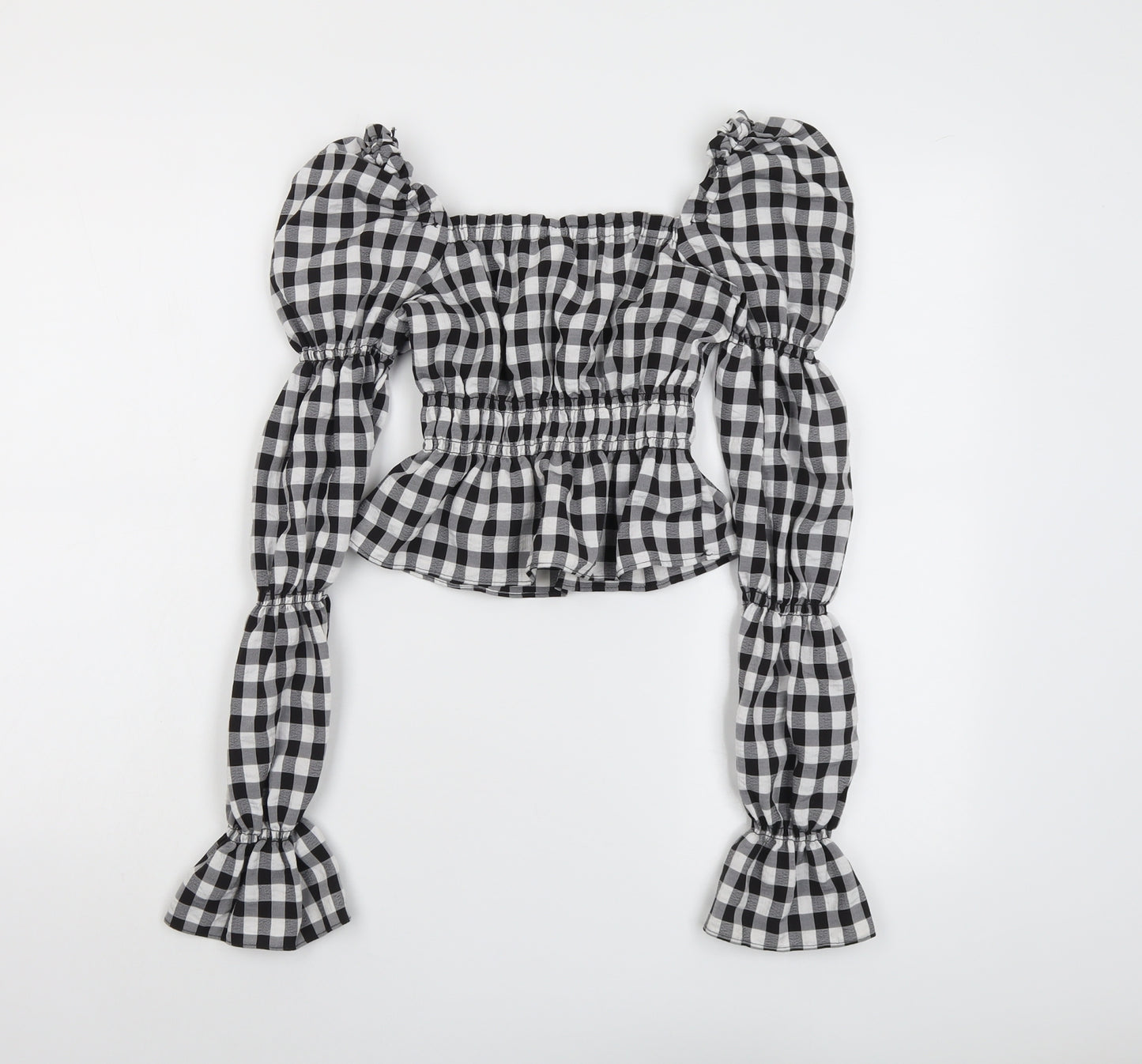 H&M Womens Black Check Polyester Cropped Blouse Size 2XS Square Neck - Puff Sleeve